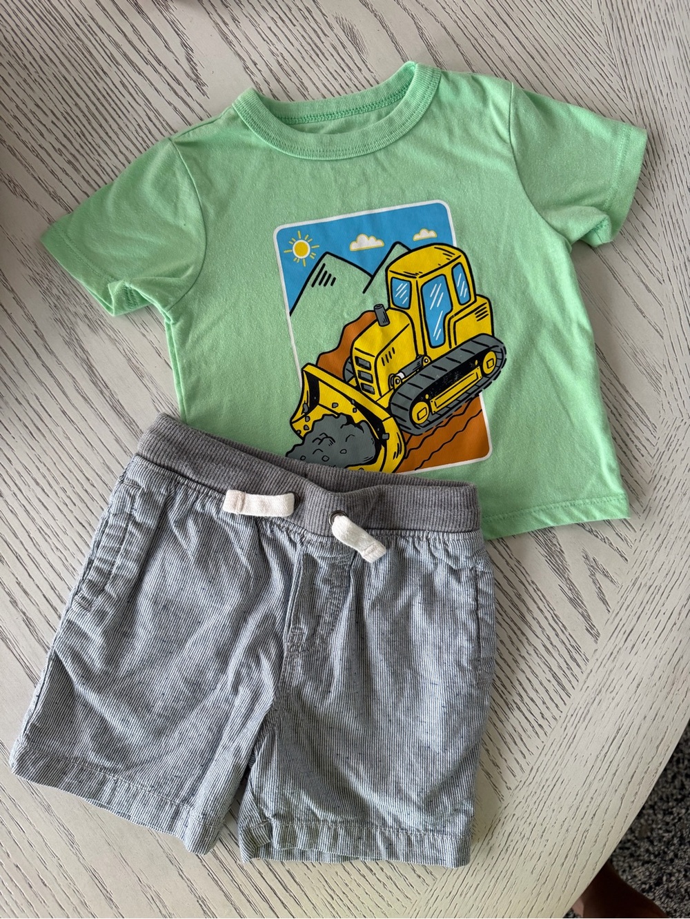 Green Toddler Bulldozer Graphic Tee & Shorts Set.